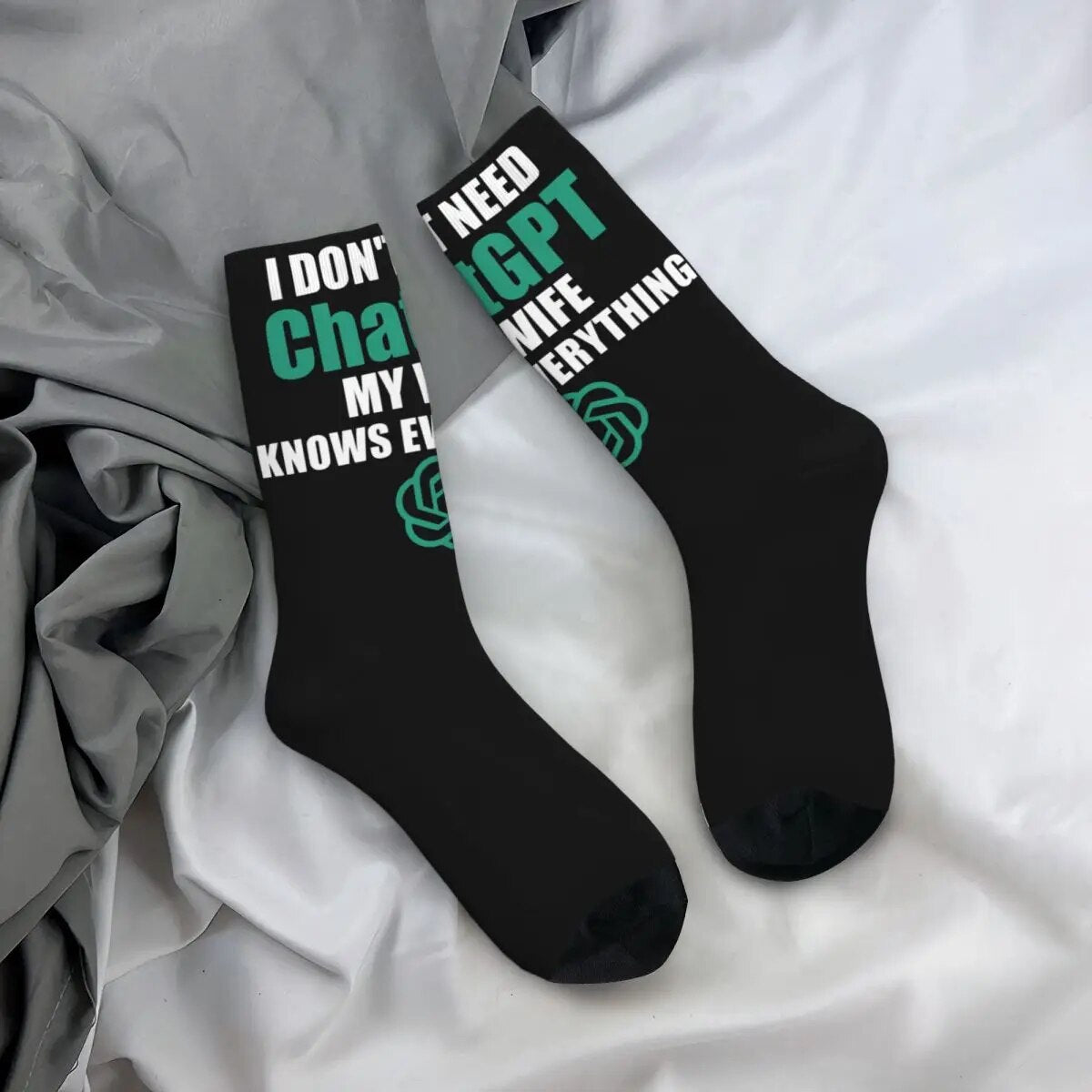 Funny Chatgpt My Wife Knows Everything Print Socks Merchandise Gift for Husband Cute Long Socks Wonderful Gifts